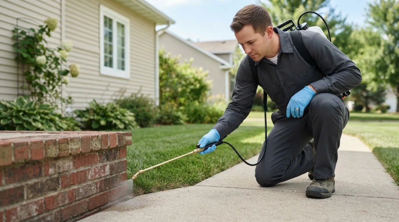Pest control technician treating a home near Alfred, ME