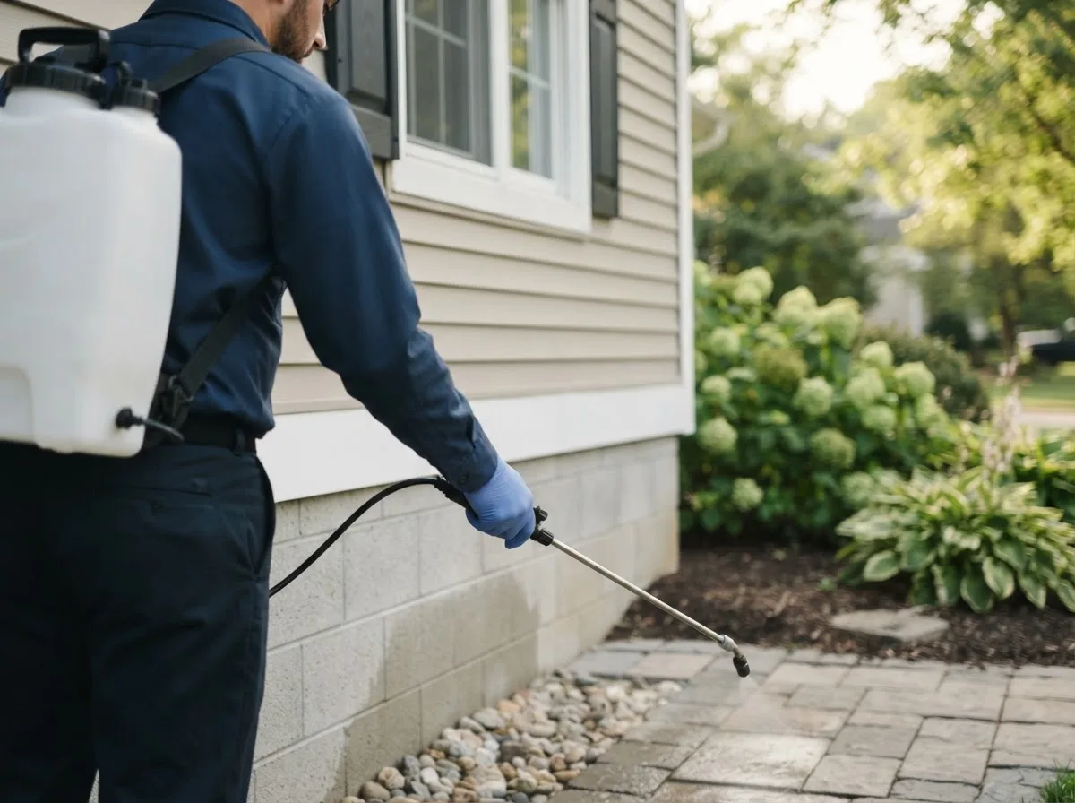 Pest control technician inspecting a home in Alfred, ME